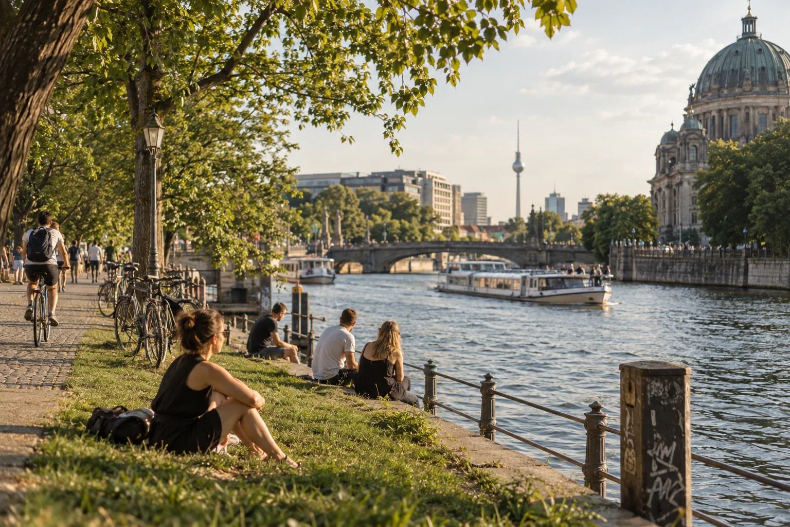 Sommerliche Berlin-Stimmung an der Spree; KI-generiertes Symbolbild