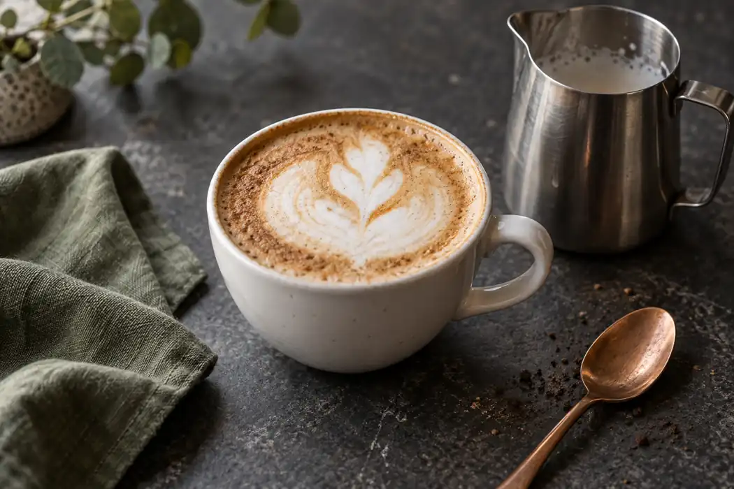 Cappuccino mit feinem Milchschaum neben einem Milchkännchen