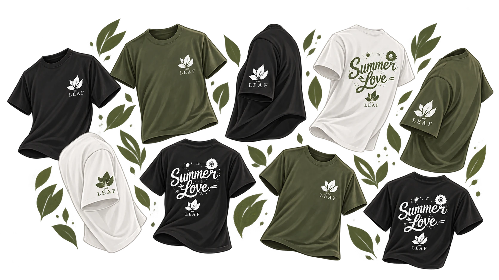 Muster aus schwarzen, weißen und grünen The-Leaf-T-Shirts mit Leaf-Logo und Summer-Love-Rückenprint.