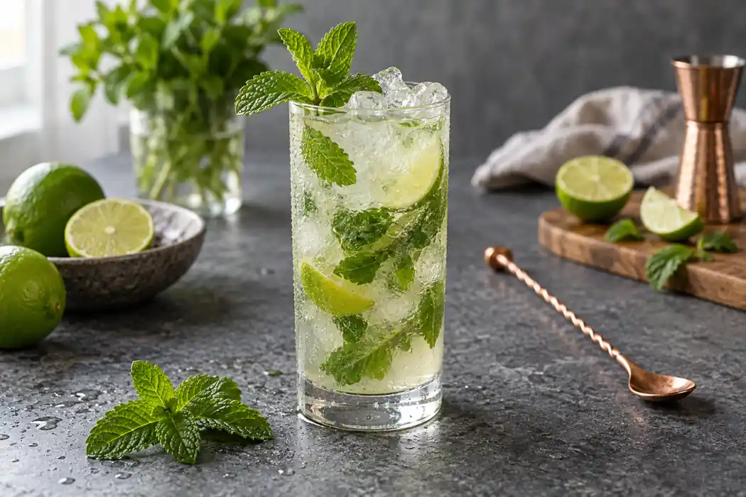 Limette, Minze und Eis in einem hohen Glas