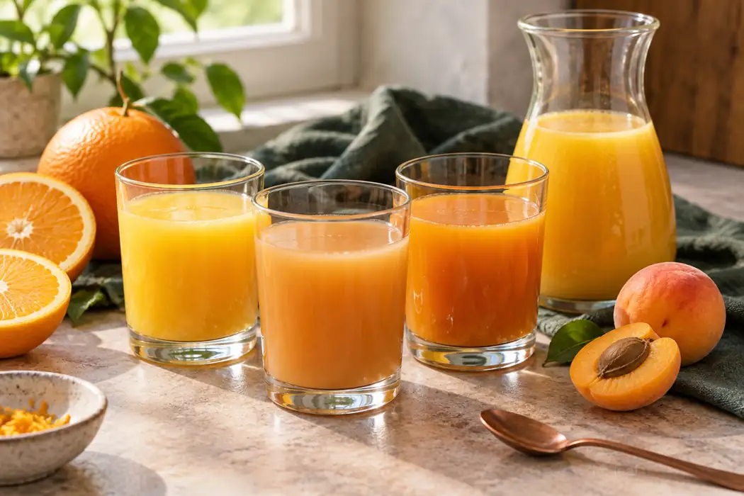 Drei Gläser mit Fruchtgetränken, Orangen und Aprikosen